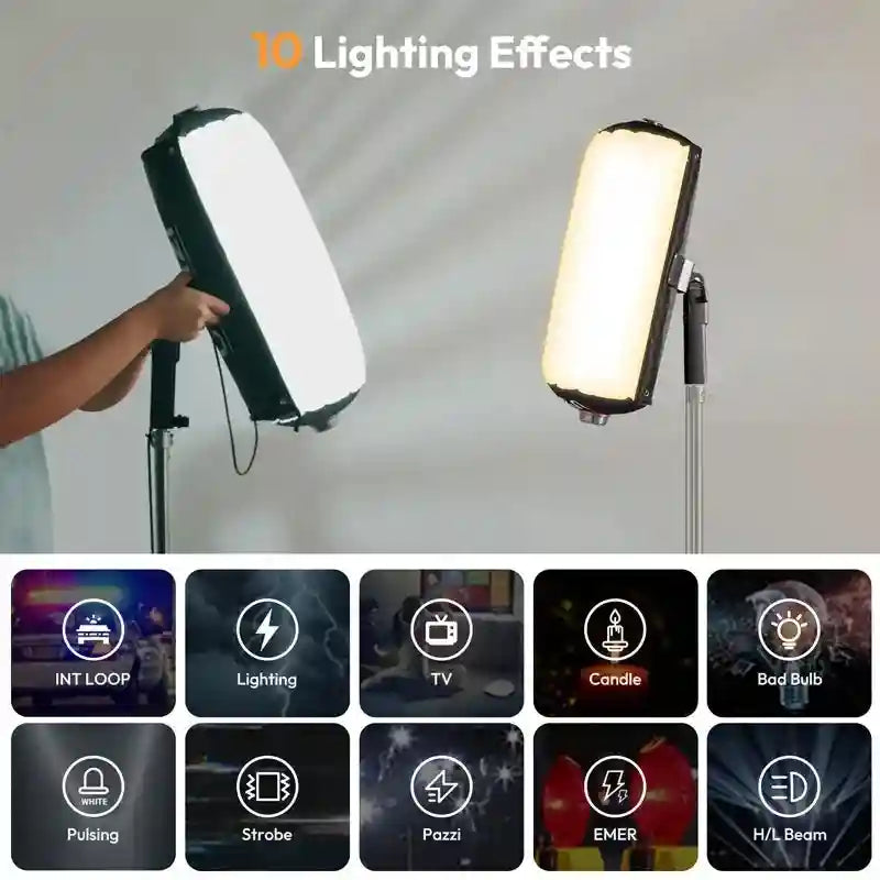 Portable LED video light on a stand with a rectangular panel, demonstrating ten lighting effect modes for filming.