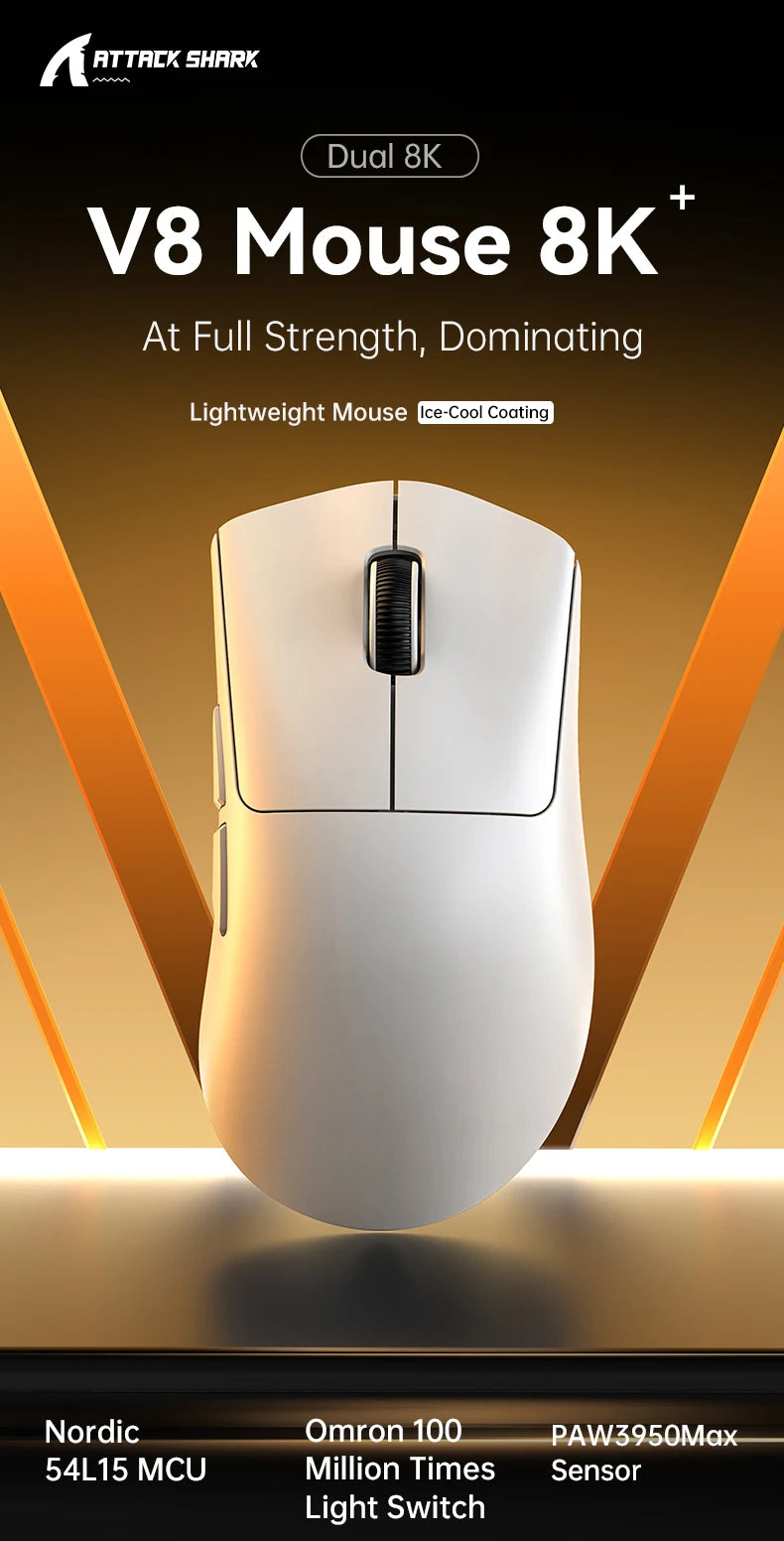 8K Receiver & V8 Wireless Mouse,Attack Shark PAW3950Max Sensor,0.168ms Key Delay and Golden Right Hand Design,Black/White Choice