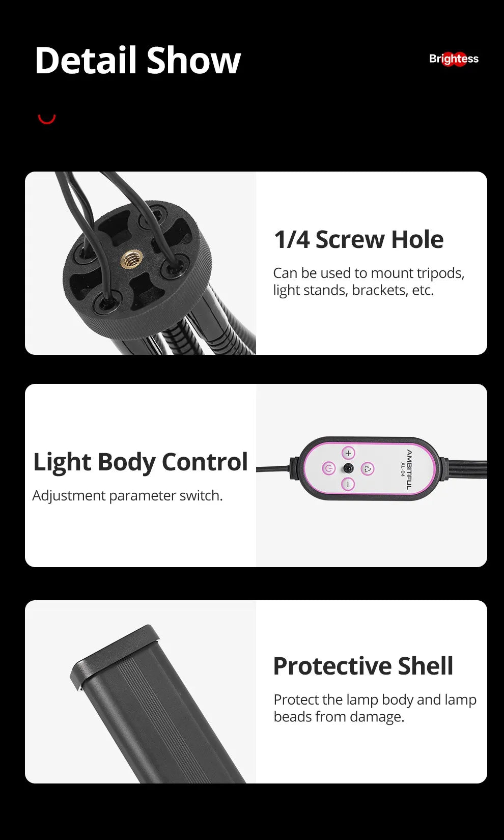 Black LED light parts showing a 1/4 screw mount, an oval-shaped control panel, and a durable rectangular protective
