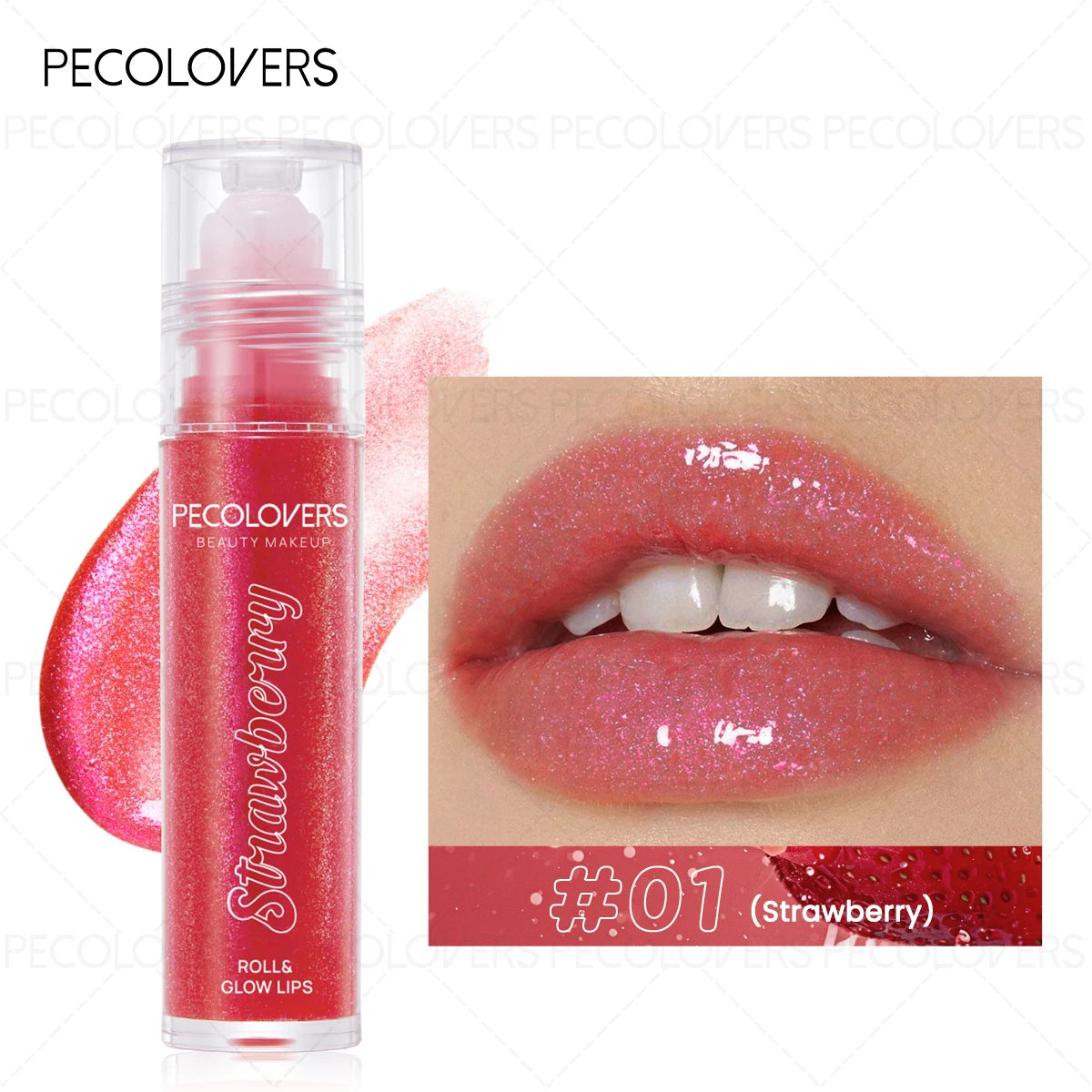 PECOLOVERS strawberry roll-on lip gloss, moisturizing, long-lasting, shimmery red tint for glossy, hydrated lips.