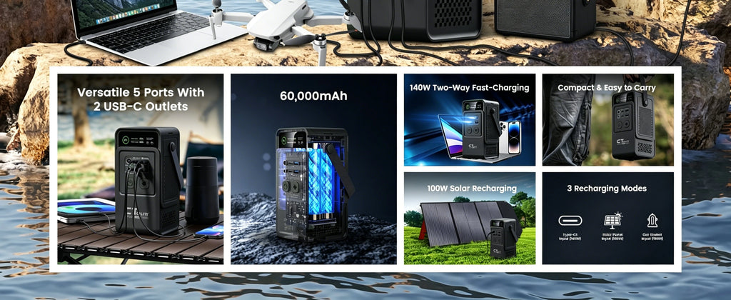 CTOLITY AP200 AP1000 Black style 200W/1800W Portable Power Station 192Wh/1024Wh 60000mAh/320000mAh LiFePO4 Battery Solar Generator UPS Function Emergency Power Supply for Camping Outdoor