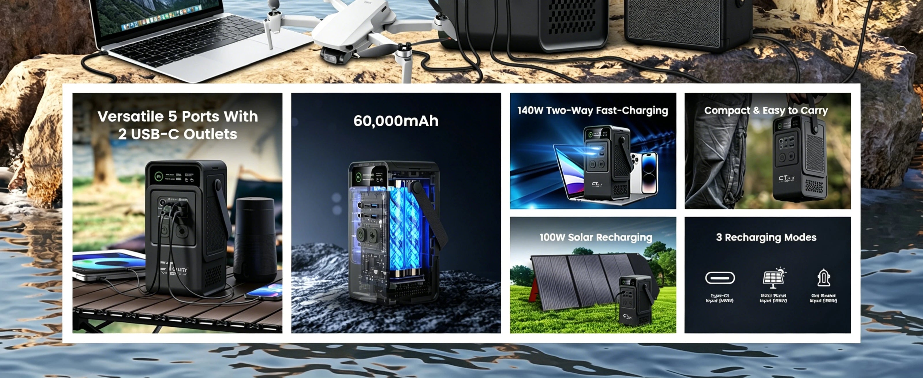 CTOLITY AP200 AP1000 Black style 200W/1800W Portable Power Station 192Wh/1024Wh 60000mAh/320000mAh LiFePO4 Battery Solar Generator UPS Function Emergency Power Supply for Camping Outdoor