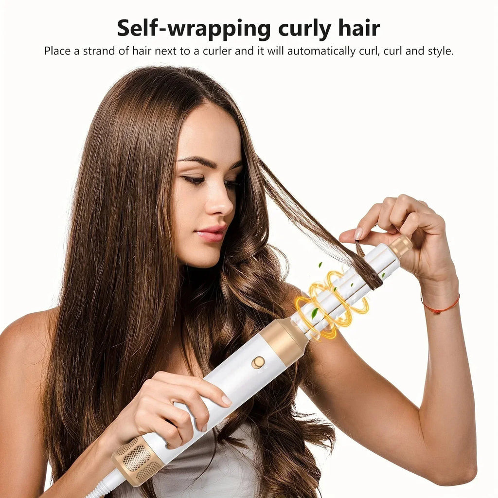 TINSOL 7-in-1 auto-wrap hair curler in white and gold styling hair with self-wrapping technology for professional curls.
