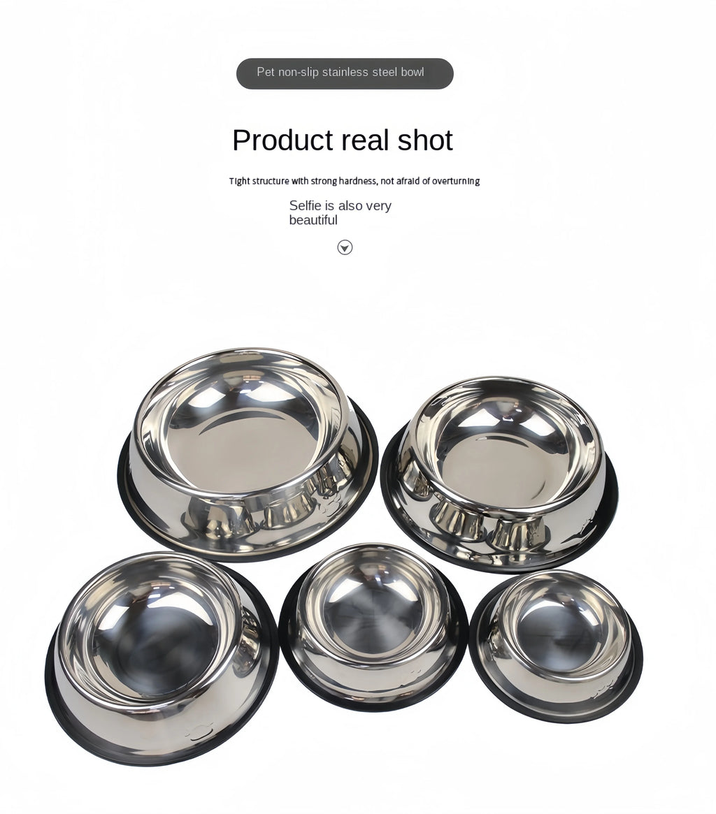 Durable stainless steel dog and cat feeding bowls with non-slip base in various sizes for easy cleaning.