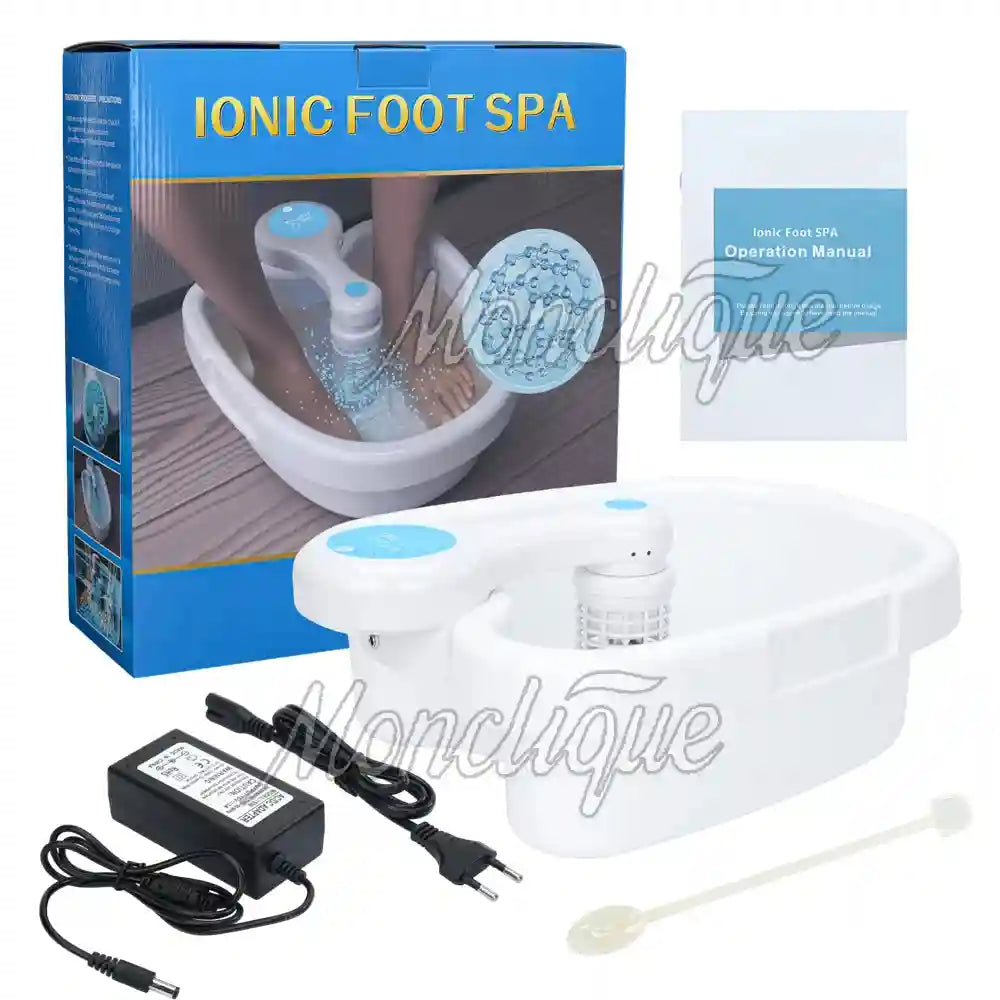 White ionic detox foot spa basin with hydrogen therapy vibration array, power adapter, and user manual in product box.