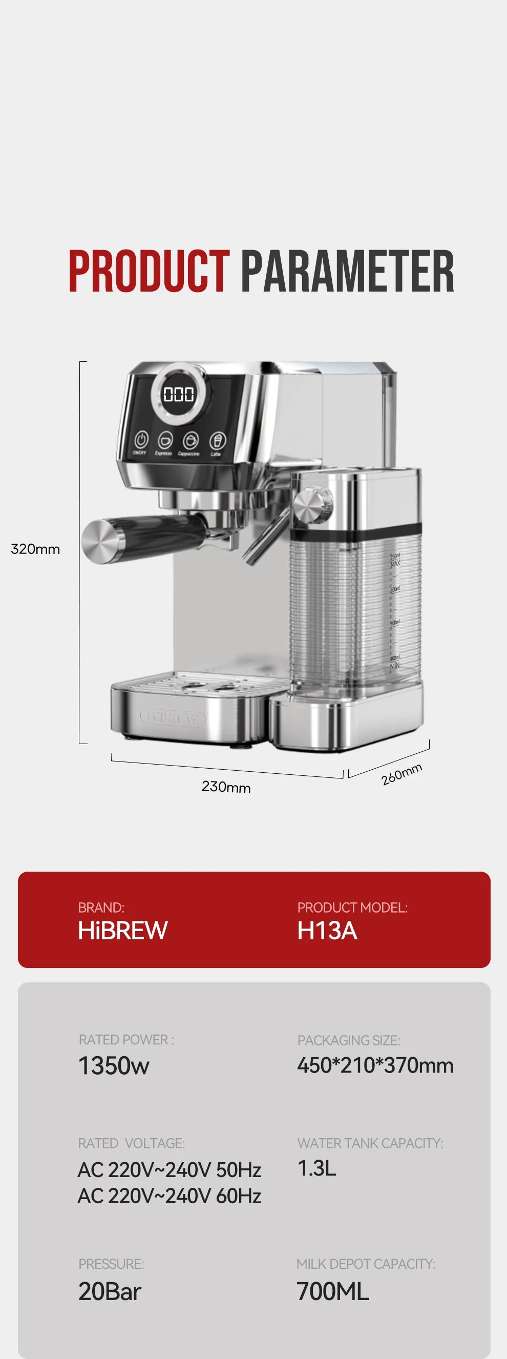 HiBREW H13A stainless steel espresso machine with digital display, 1.3L water tank, and 700ml milk frother.