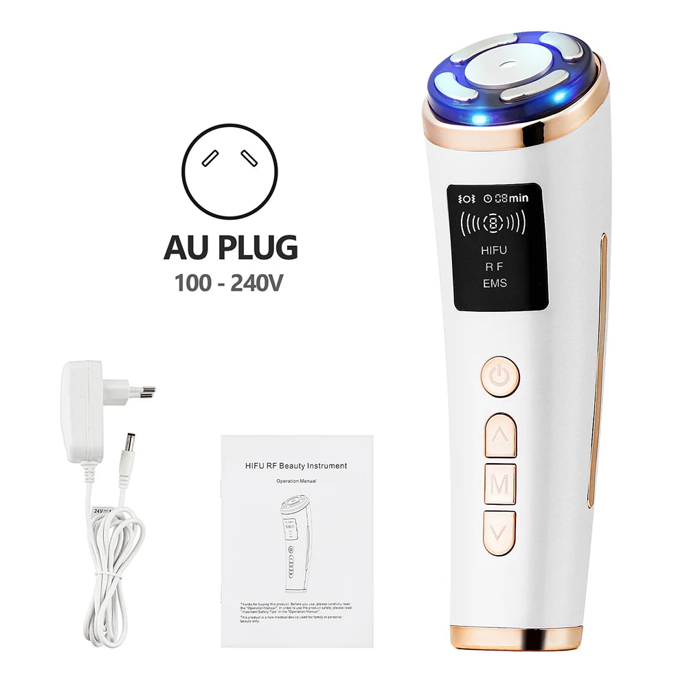 White and rose gold handheld HIFU facial device with digital screen, AU power plug, and instruction manual.