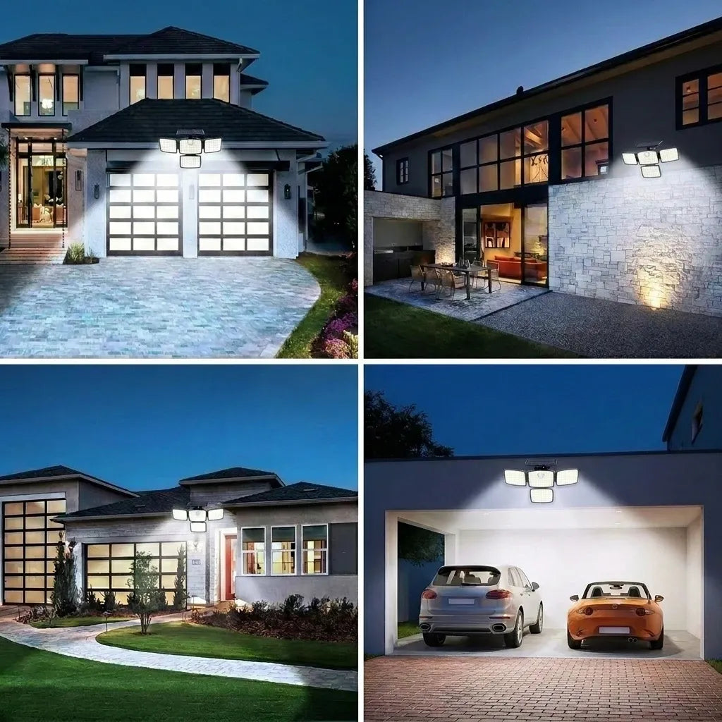 Four-head black solar flood lights mounted on exterior walls, brightly illuminating driveways, yards, and garages at night.