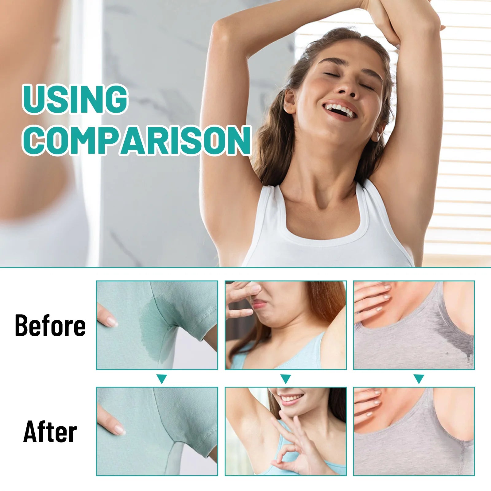 TILEST anti-sweat stick before-and-after comparison showing dry underarms and clothing for 48-hour sweat protection.
