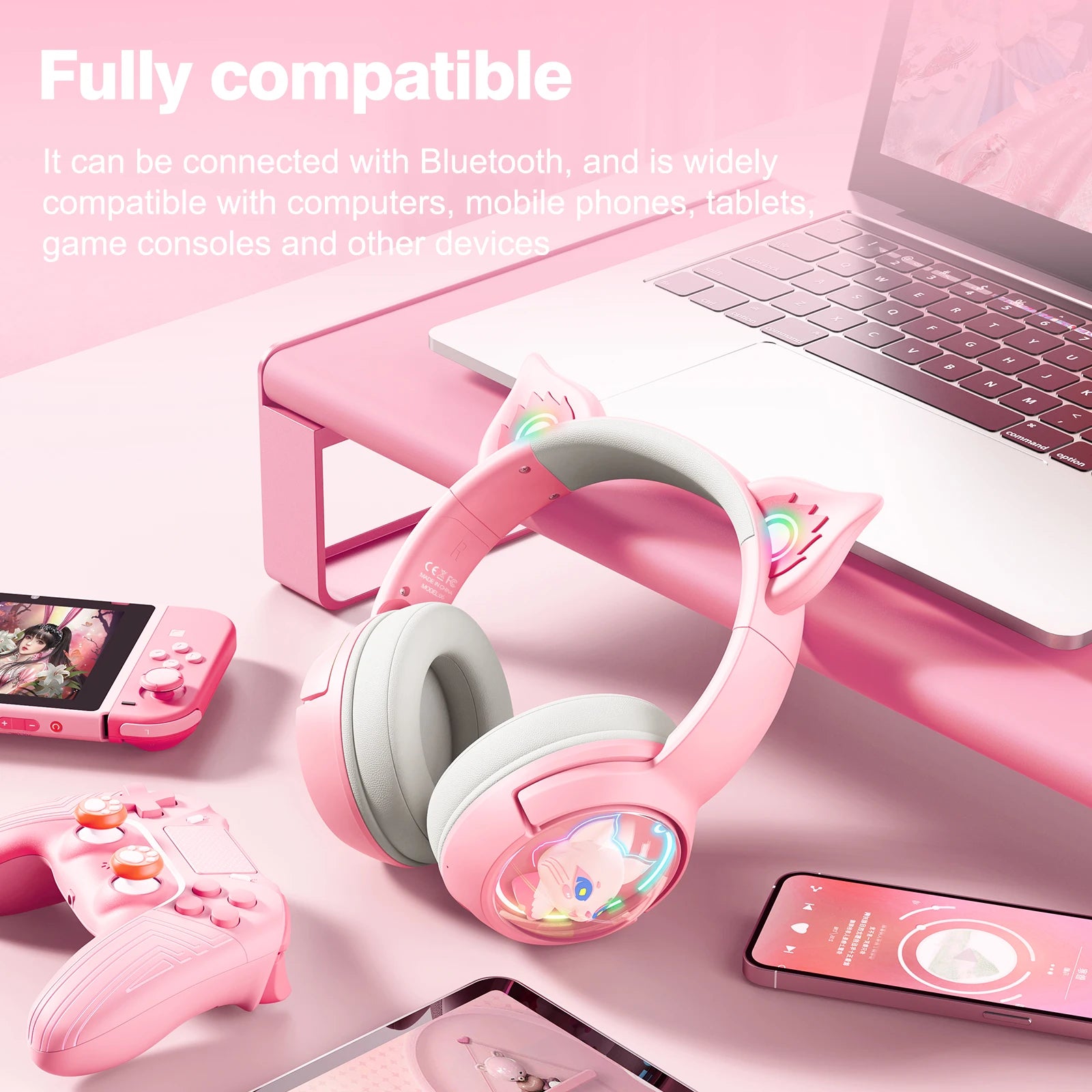 Wireless Cat Ear Gaming Headset | Low Latency Over-Ear Headphones Tidesmit
