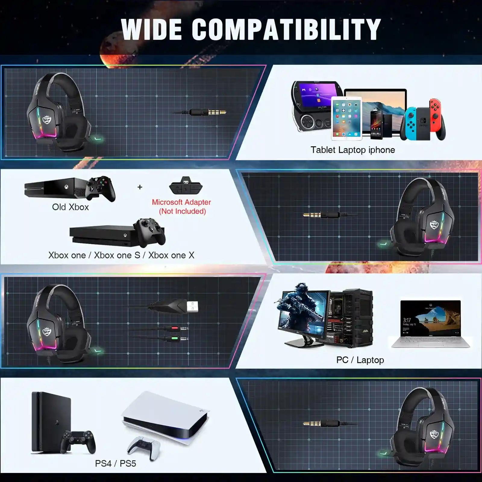 Wired Gaming Headphones with Mic - Surround Sound Over-Ear Black Tidesmit