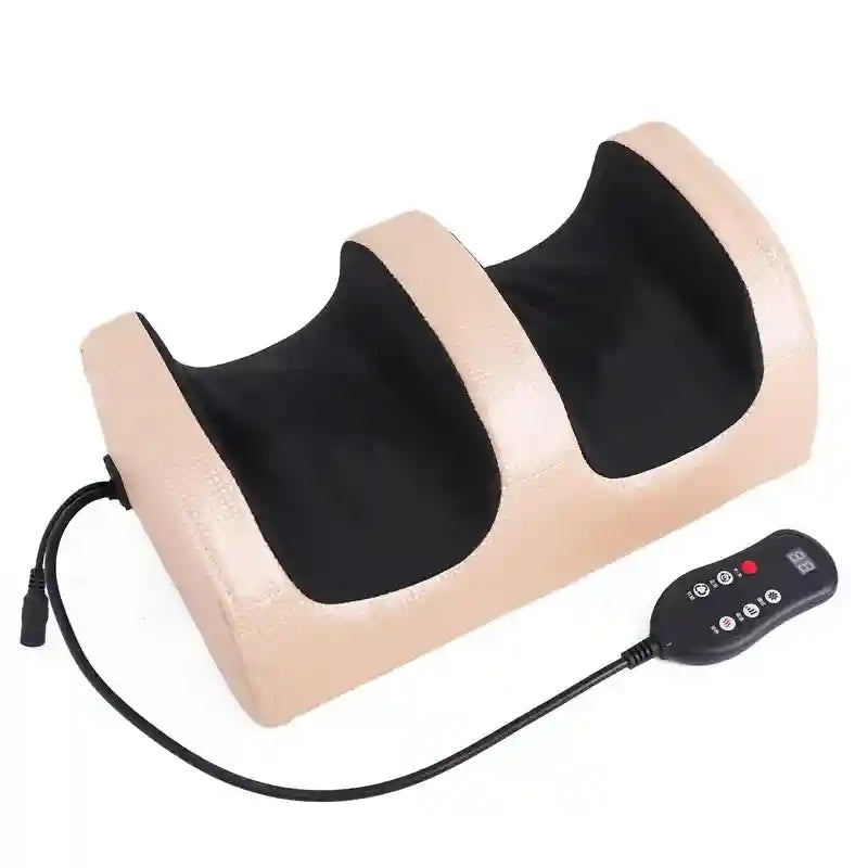 Beige electric shiatsu foot massager with heating, kneading rollers, and remote control for home muscle pain relief.