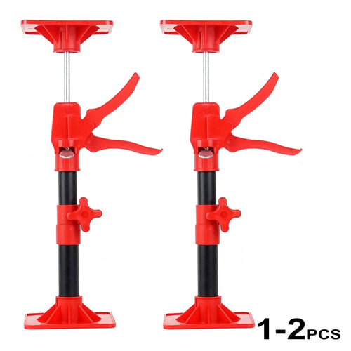 Red and black telescopic support rod with cabinet jack handle and adjustable pole