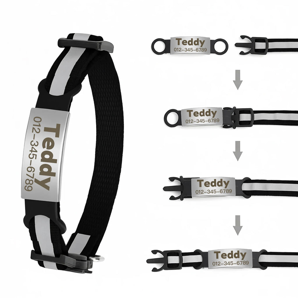 Customized reflective black cat and puppy collar with free engraved stainless steel ID nameplate for pet safety.