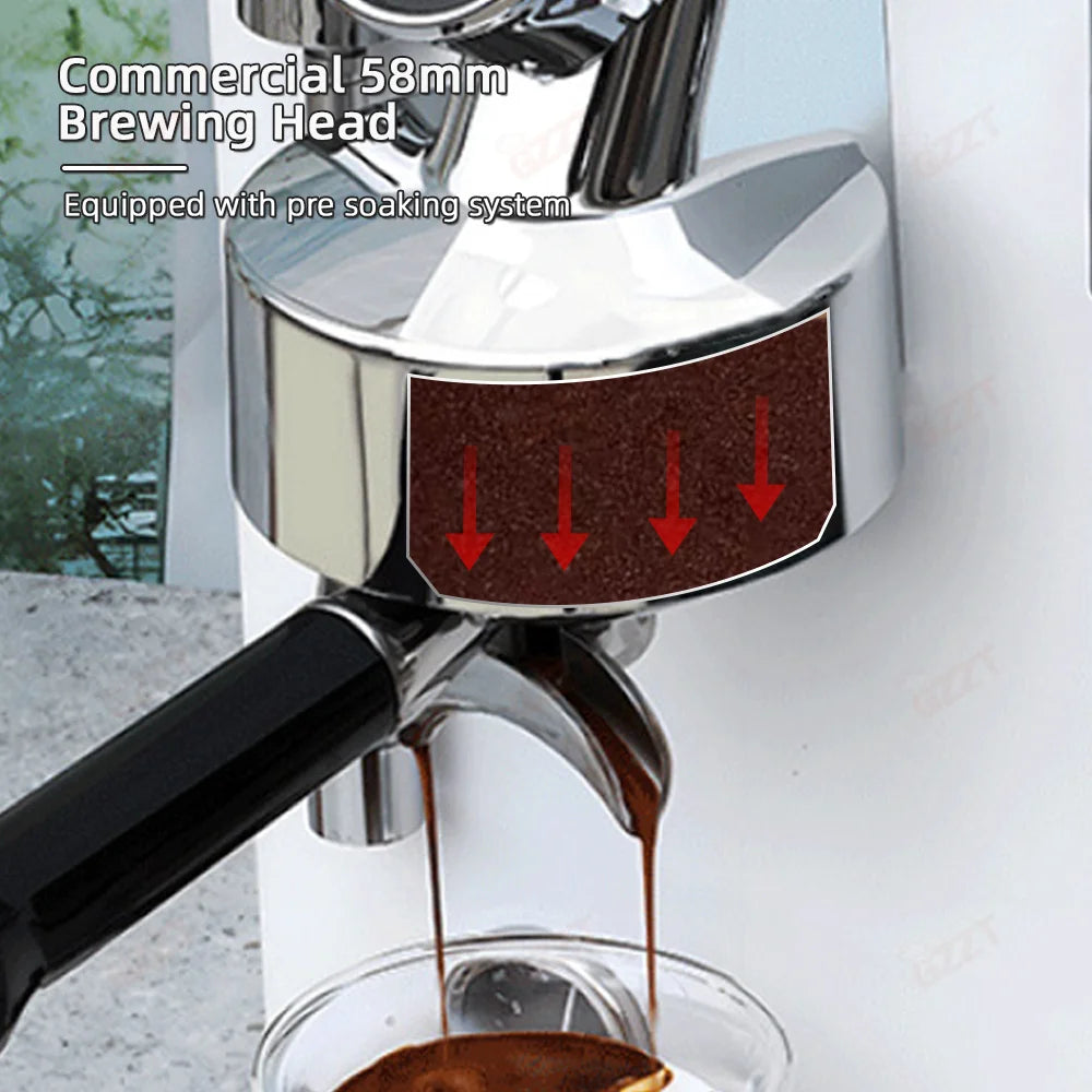 GZZT chrome espresso machine with 58mm commercial brewing head and pre-soaking system brewing coffee into a glass.