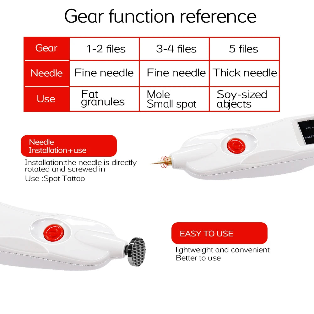 White plasma pen for mole, tattoo, and skin tag removal, showing gear settings, needle types, and usage instructions.