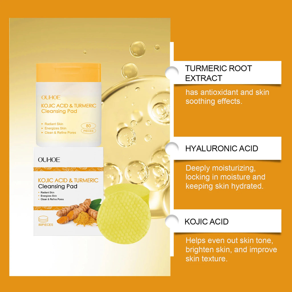 OUHOE Turmeric Kojic Acid Exfoliating Cleansing Pads Fade Dark Spot Oil Brightening Moisturizing Whitening Facial Sponges Cotton