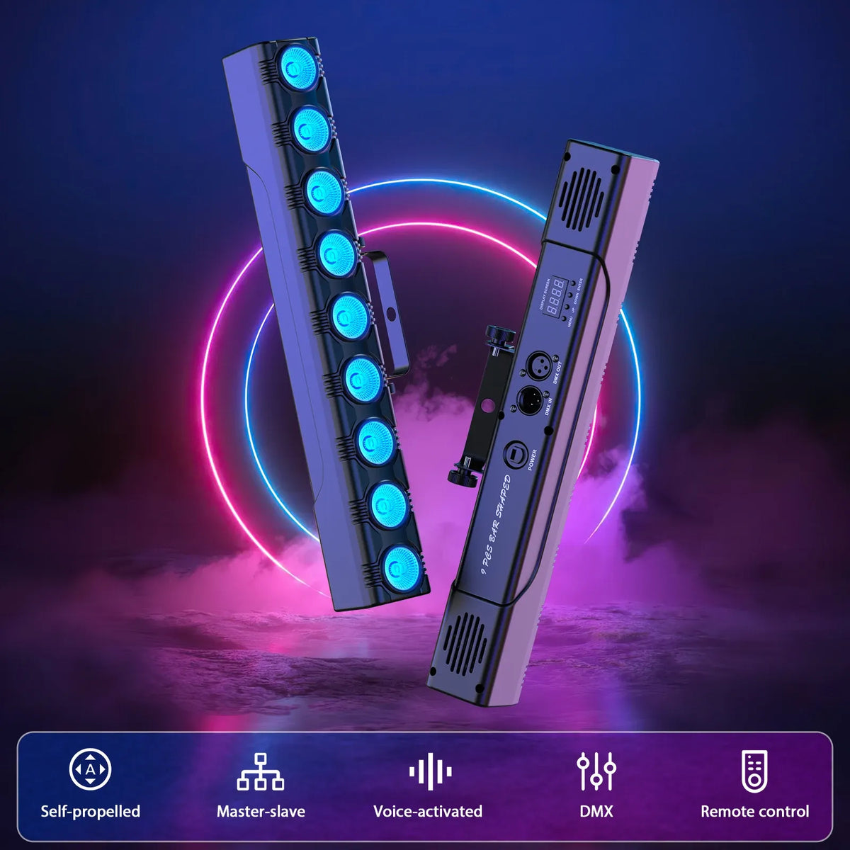 Black RGBW LED wall wash light bar with circular LED heads and glowing color ring effect