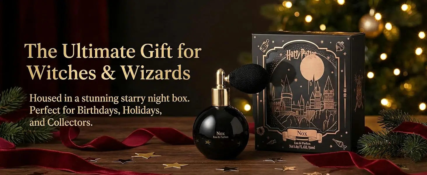 MINISO Harry Potter Nox EDP: 50ml woody floral unisex perfume in a black round bottle with vintage spray atomizer.