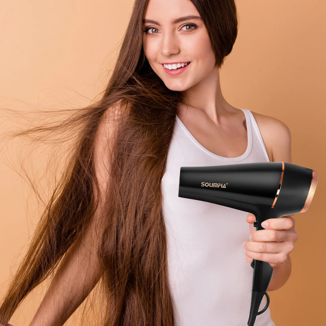 Professional black and rose gold hair dryer for fast, salon-grade styling. Sleek, ergonomic quick-drying hair tool.