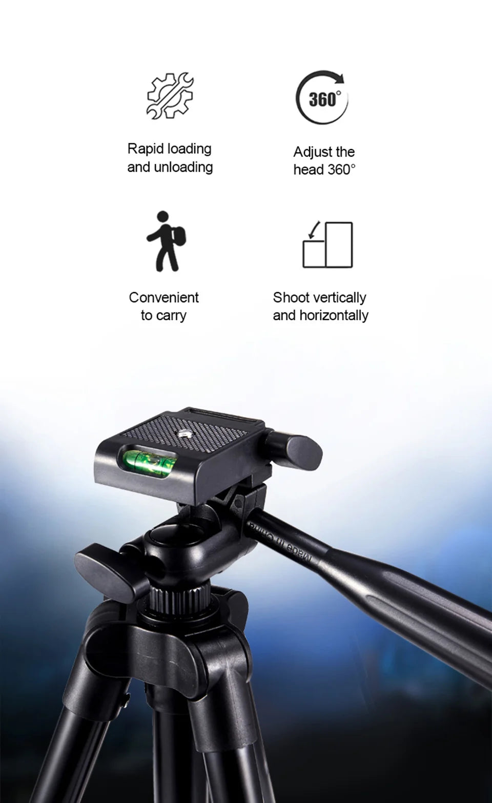 Black tripod with adjustable 360-degree panning head, quick-release plate, bubble level, and handle for photography.