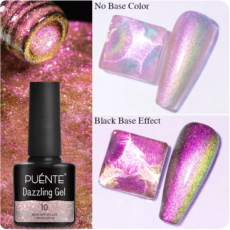 Dazzling cat eye UV gel polish in a 7.5ml bottle, shown over clear and black bases for iridescent pink-gold effects.