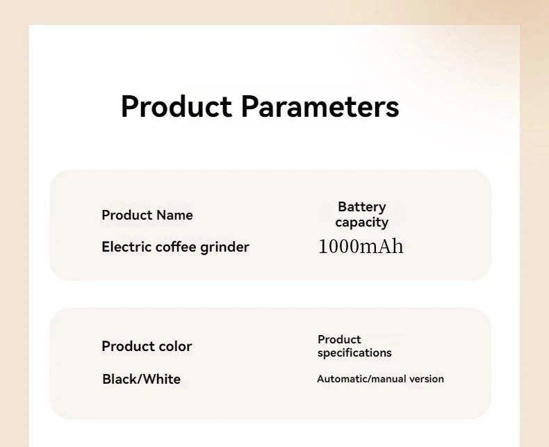 Specifications table for electric coffee grinder, 1000mAh battery, available in black or white, automatic/manual.