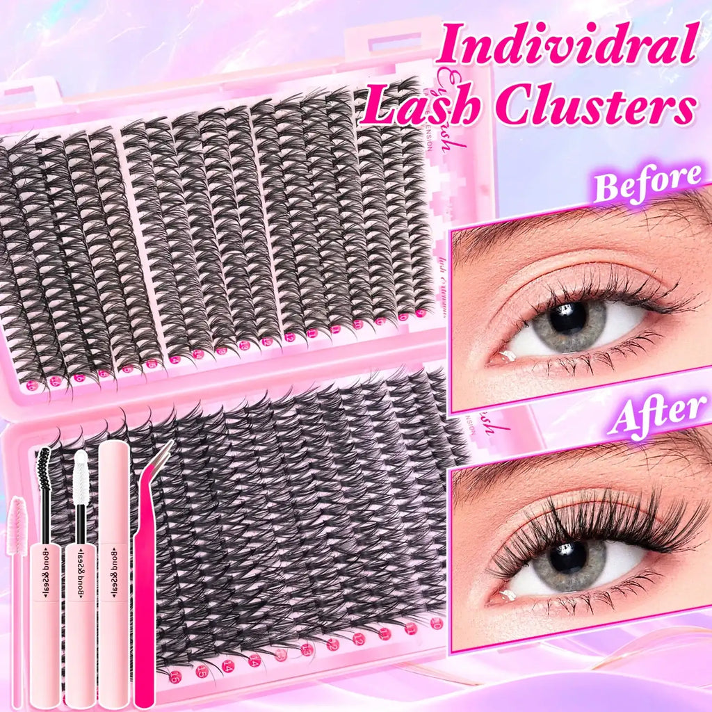 720/200pcs eyelash Extension Kit Fluffy Eyelash Extension kit with Lash Bond and Seal Lash Tweezers Thick Lash Clusters