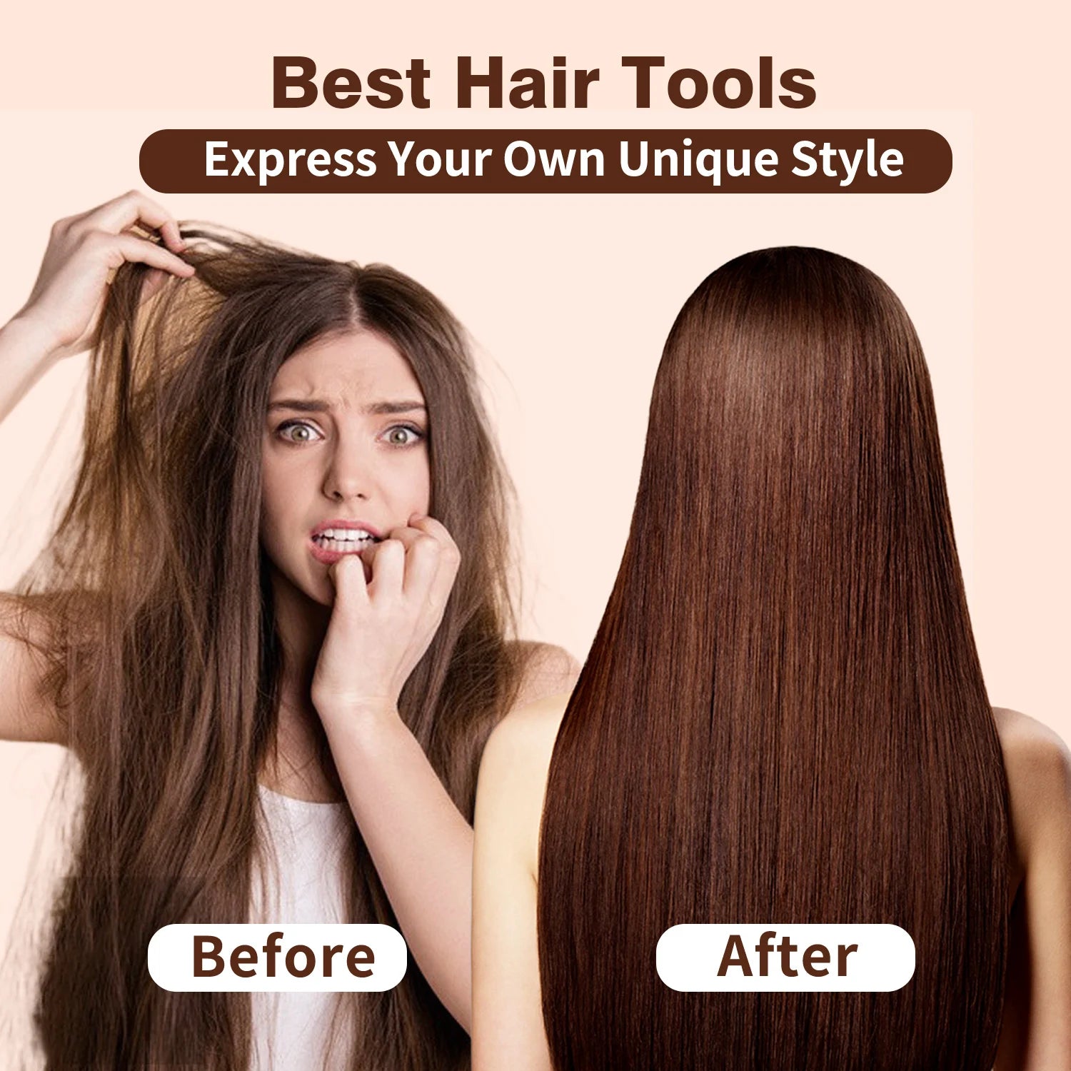 Before and after using 2in1 ionic hair dryer and straightener for smooth, sleek, professional hair styling results.