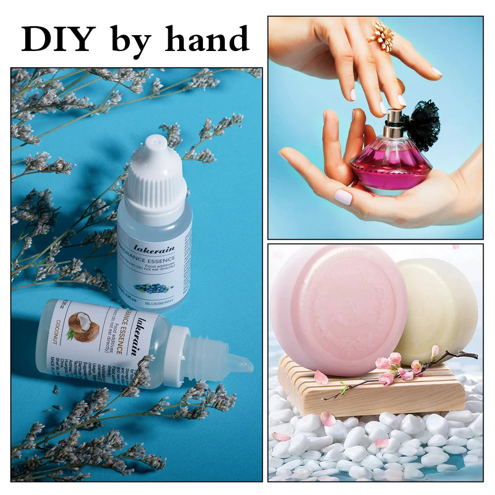 DIY lip gloss making kit featuring clear 10ml fragrance oil bottles, pink soap bars, and a bottle of purple perfume.