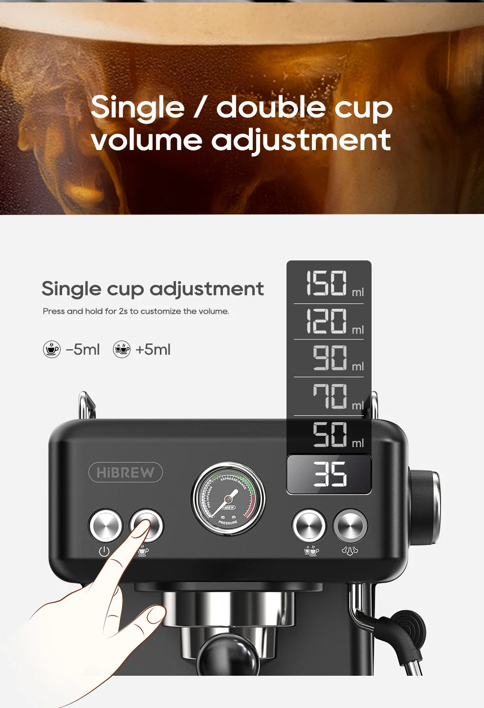 HiBREW black espresso machine showing digital single and double cup volume adjustment settings with pressure gauge.
