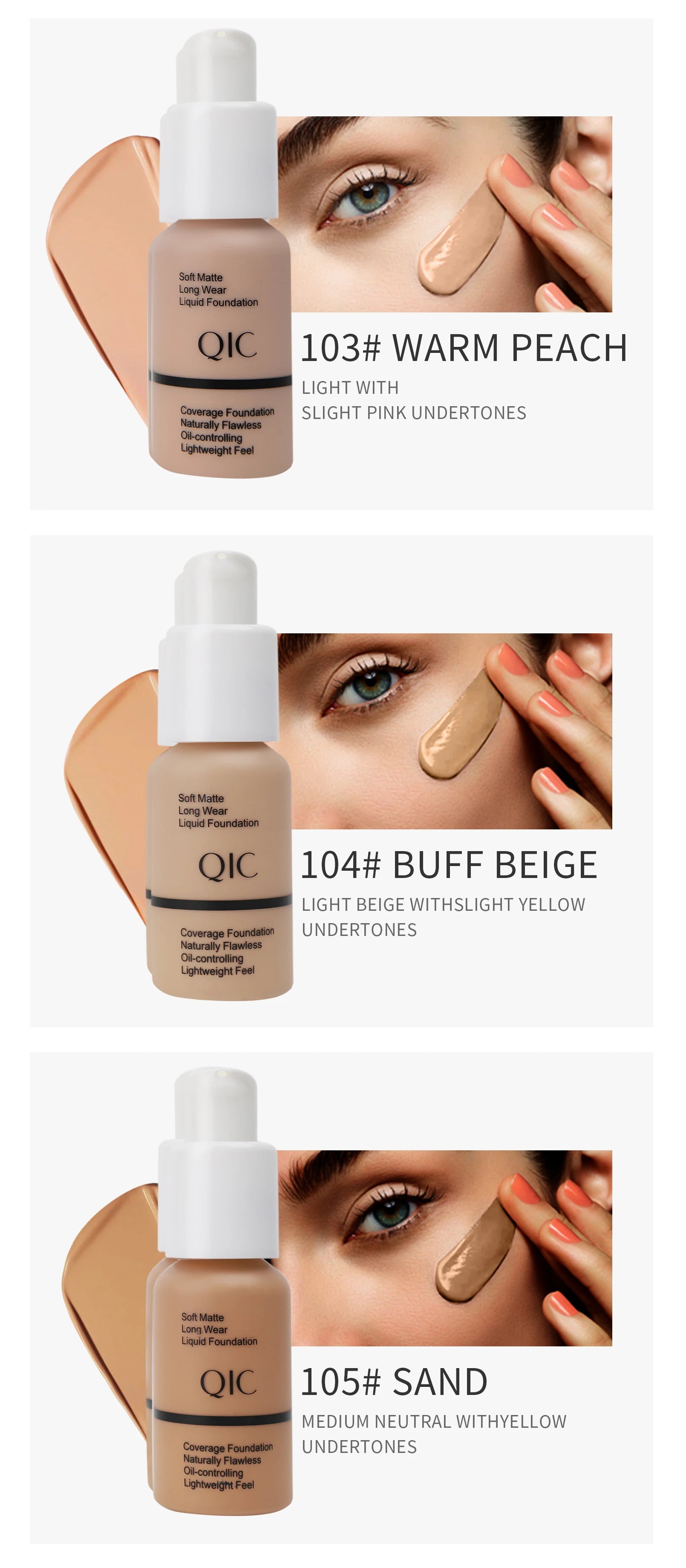 Tidesmit long lasting matte liquid foundation with oil control and waterproof formula in 5 shades texture close-up