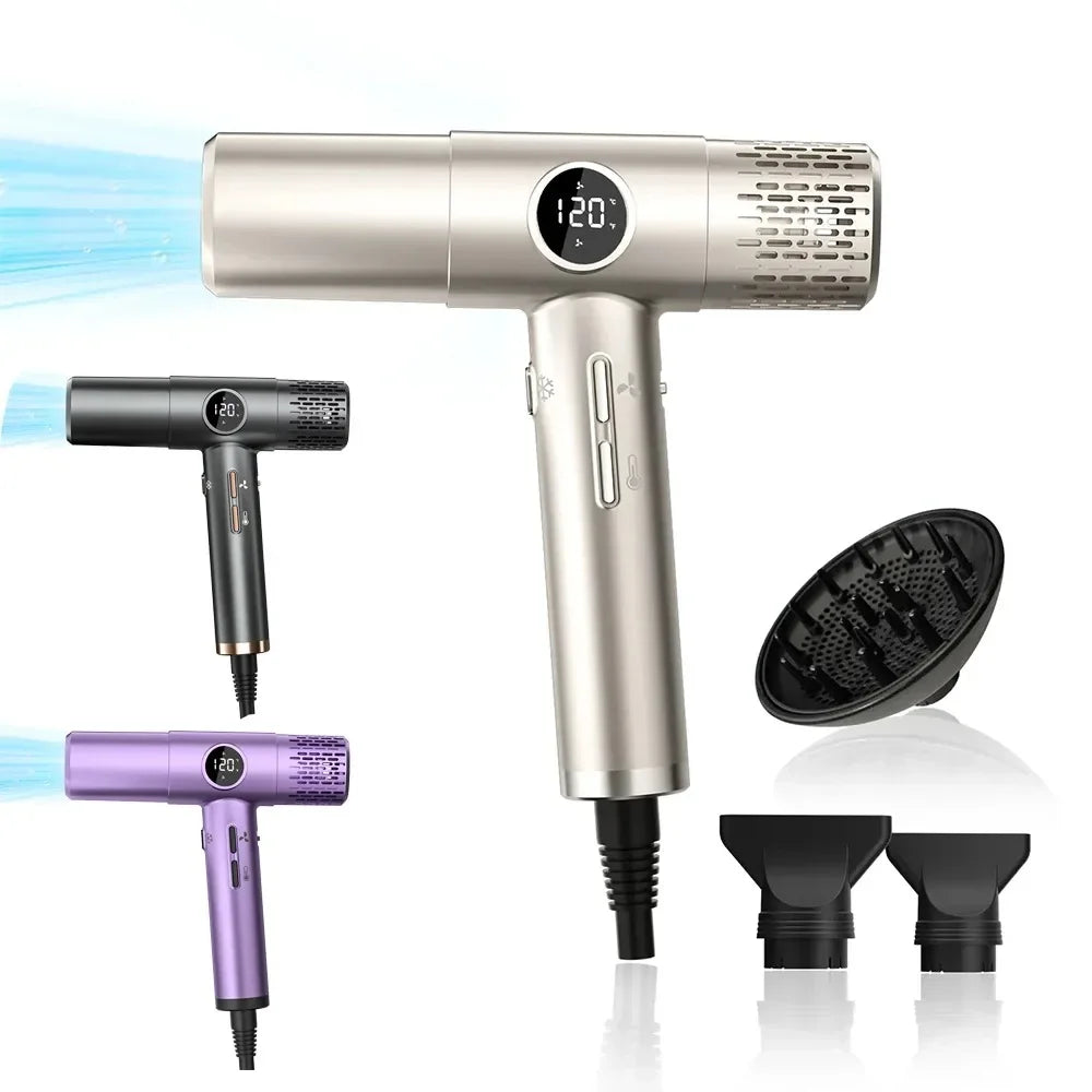 Professional high-speed hair dryer with LCD display, attachments, and negative ionic tech in gold, black, and purple.