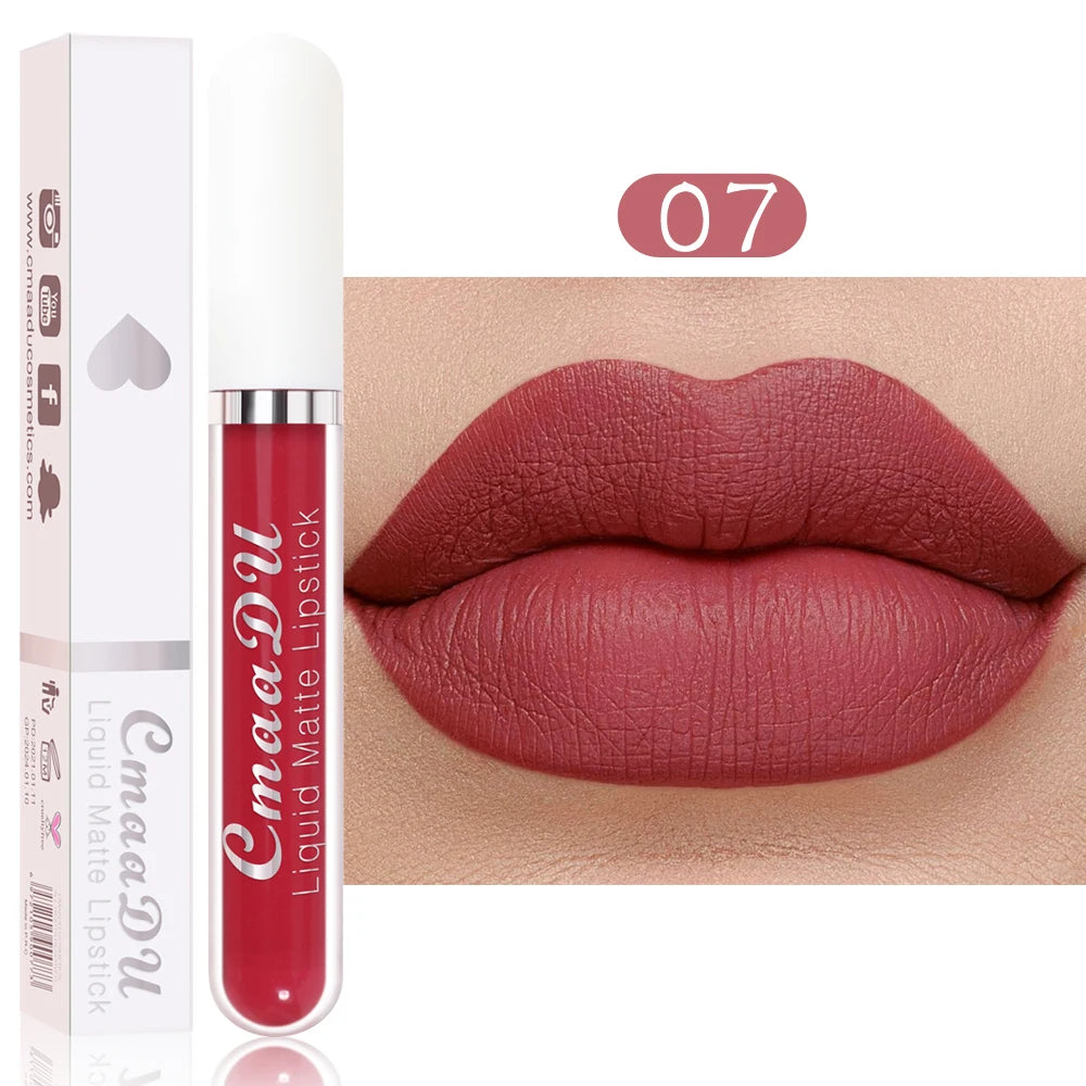 CmaaDu long-lasting waterproof matte liquid lipstick in shade 07 with a smooth, non-stick, deep rose-red finish.