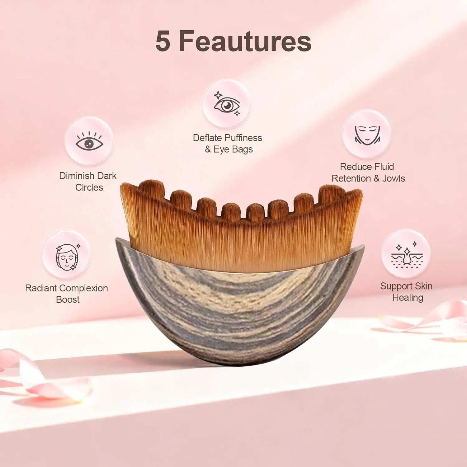 Curved facial massage brush with tan bristles and a dark wood-grain base, surrounded by five skincare feature icons.