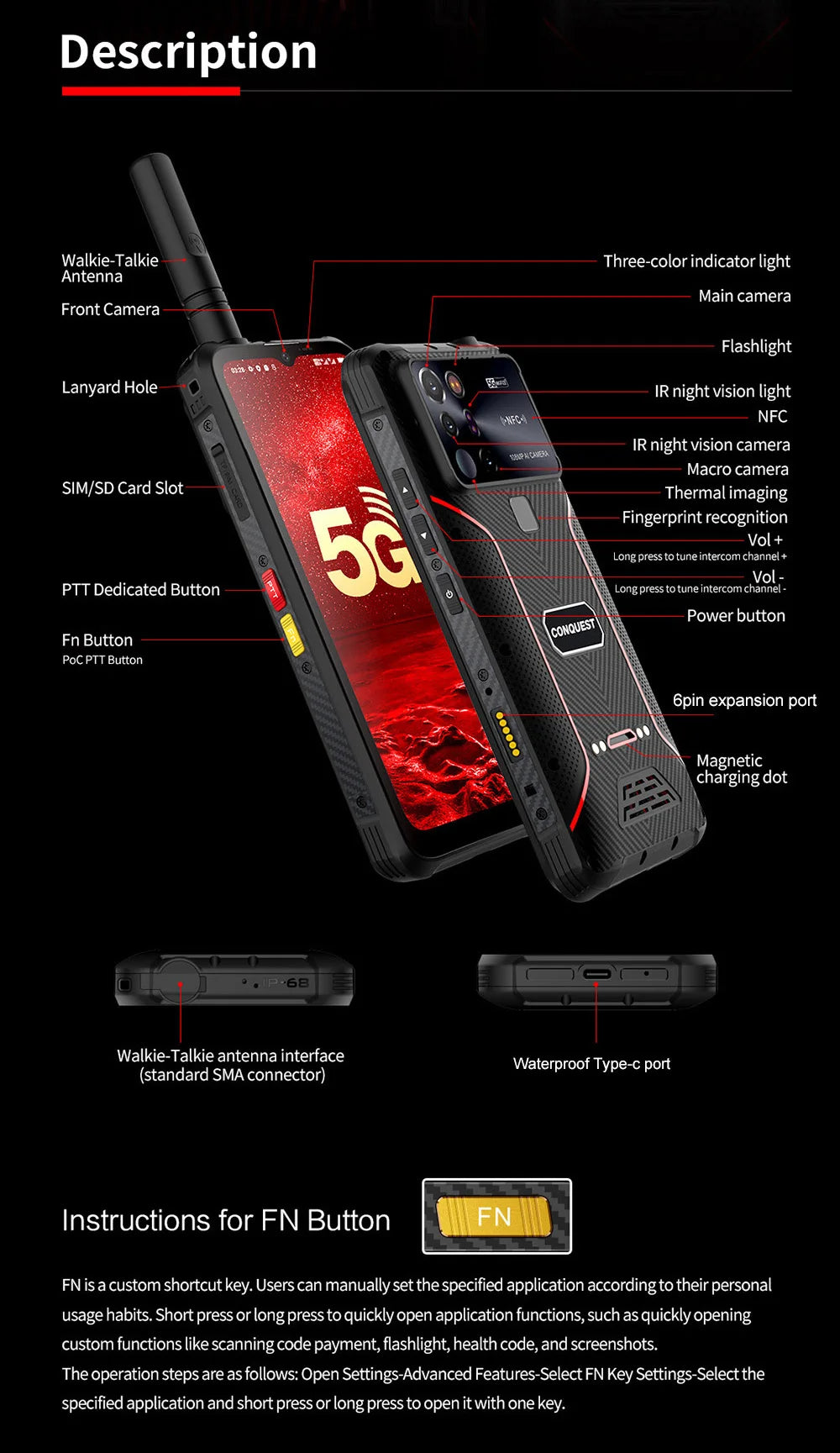 CONQUEST 5G Smartphone Network108MP Camera 12GB 512GB 66W Thermal Imaging  IP68 Waterproof NFC