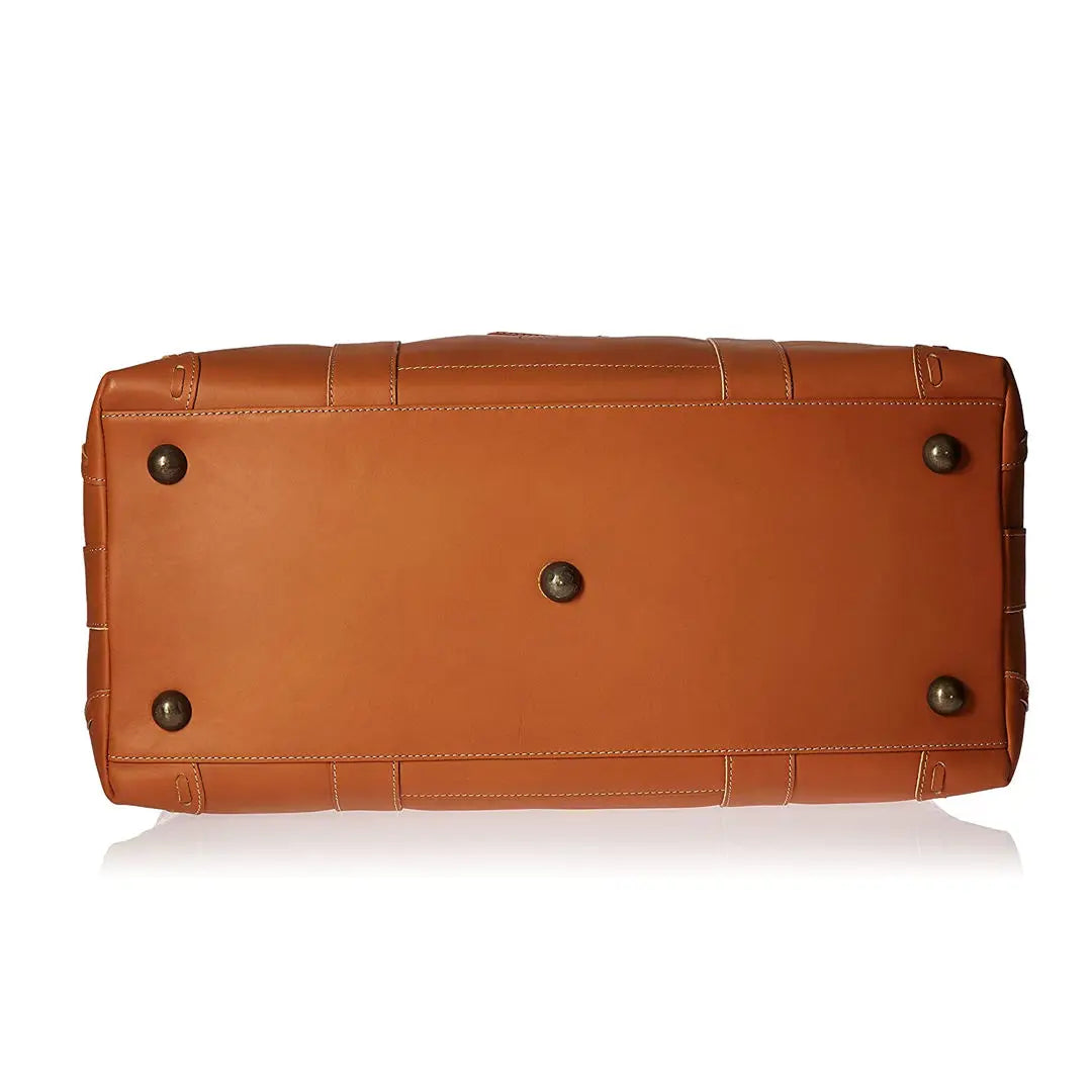 Bottom view of a tan PU leather travel duffle bag trunk with five protective metal feet for durability.
