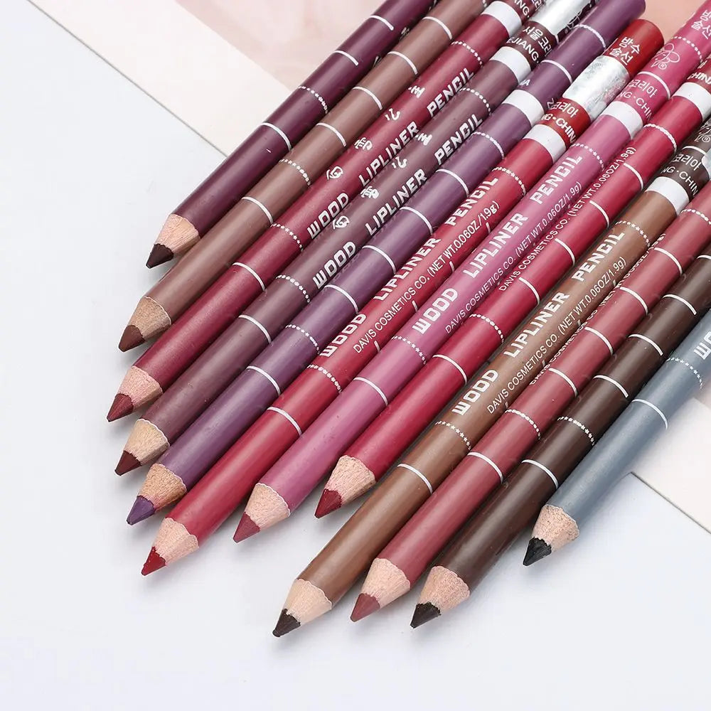 Set of waterproof wood lip liner pencils in various matte shades for professional long-lasting lip and eye makeup.
