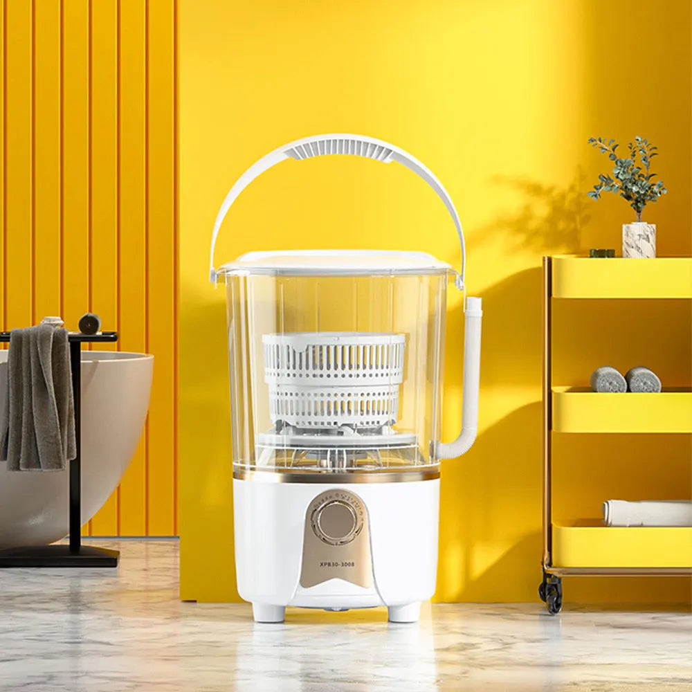 Portable automatic shoe washing machine standing with clear drum and front control dial