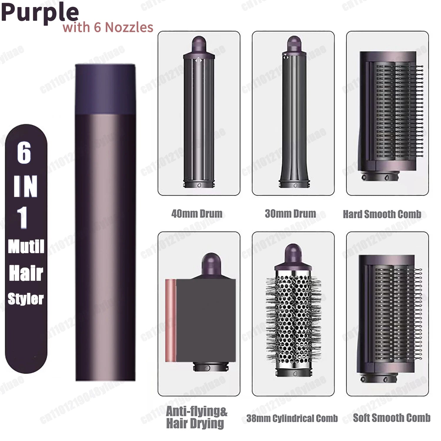 Purple 6-in-1 auto curling hair styler with dryer, 6 attachments, curling barrels, and brushes for salon styling.