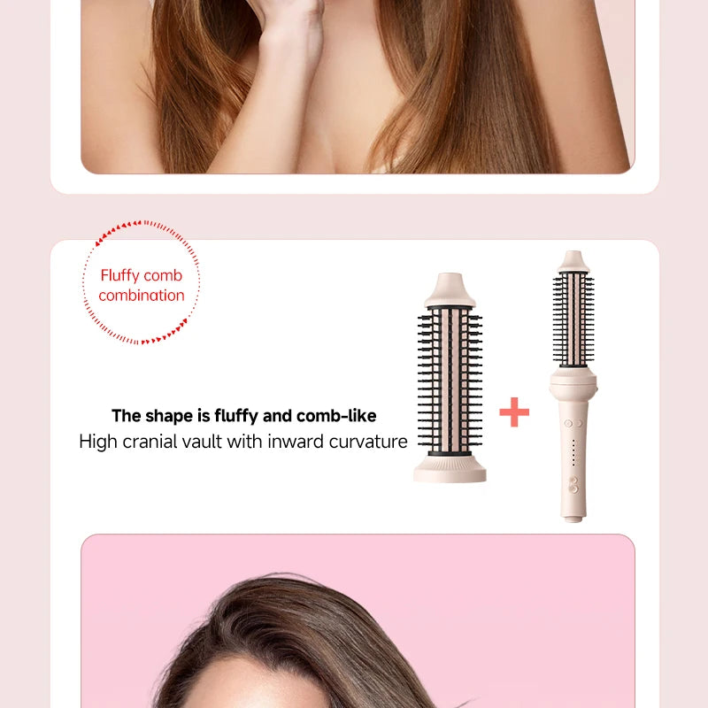 Beige automatic curling iron with fluffy comb attachment for volume and salon-style hair styling.