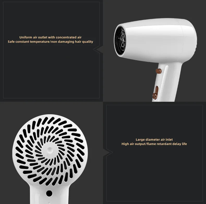 White wall-mounted hair dryer with constant temp, large air inlet, and concentrated nozzle for hair care.
