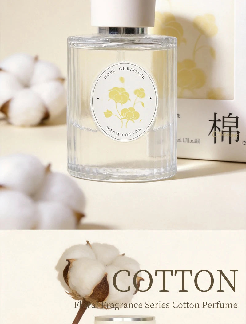 Hope Christine Warm Cotton unisex perfume, fresh floral scent in a ridged glass bottle, daily niche fragrance.