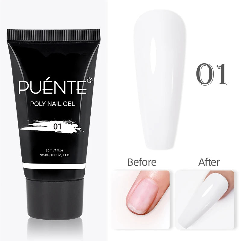 30ml white poly nail gel in a black squeeze tube for UV/LED nail extensions, shown with a before-and-after example.
