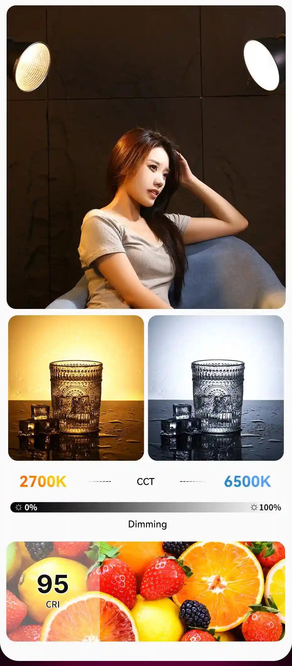 LED photography lighting with adjustable color temperature from 2700K to 6500K and high 95 CRI for accurate color.