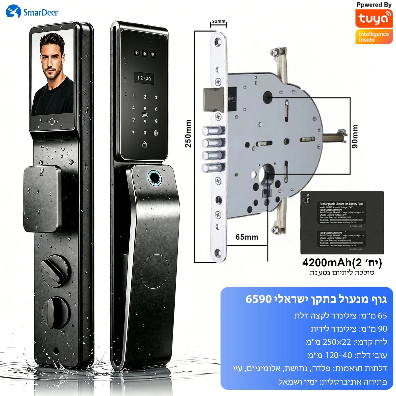SmarDeer IP66 Waterproof Smart Lock,3D Facial Recognition Fingerprint Door Lock,Tuya Electronic Door Lock for Israel Standard