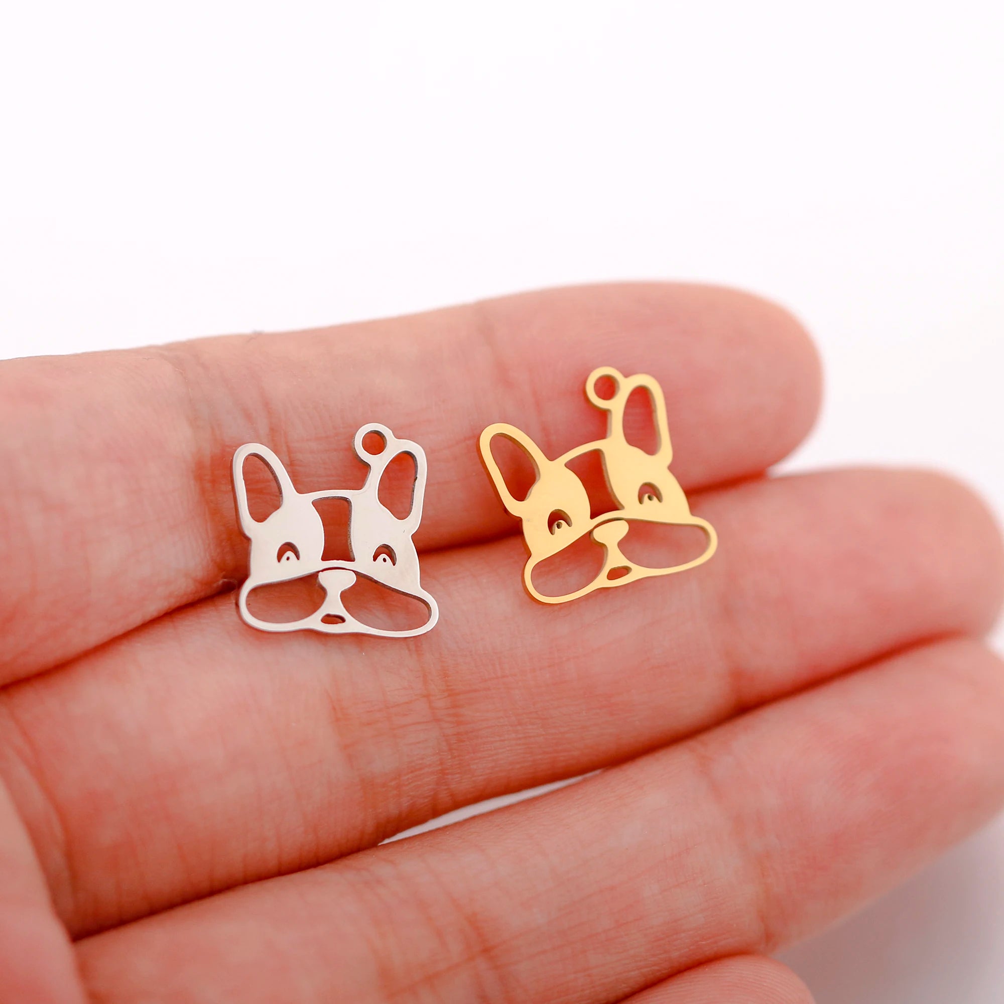 Silver and gold stainless steel French bulldog charms for DIY jewelry making, necklaces, and pet-themed accessories.