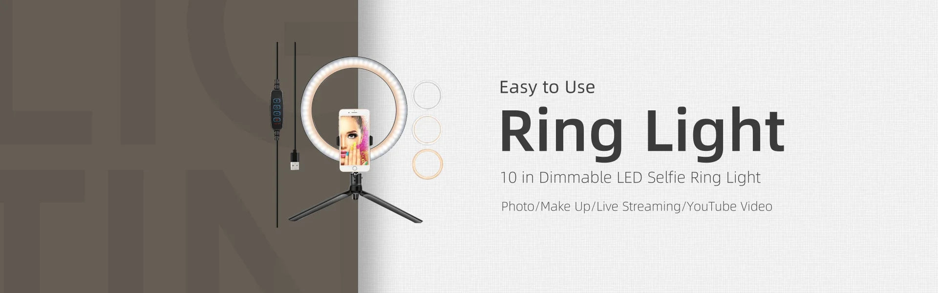 10-inch dimmable LED ring light on a tripod stand with phone holder, used for photography, makeup, and live streaming.