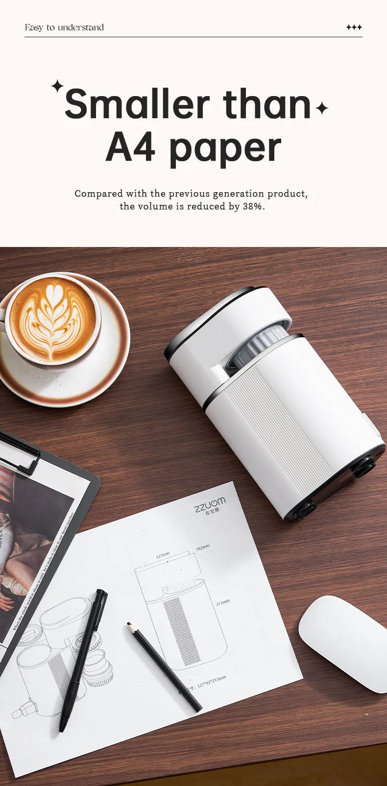 ZZUOM compact white electric coffee grinder, smaller than A4 paper size, displayed with technical dimensions.