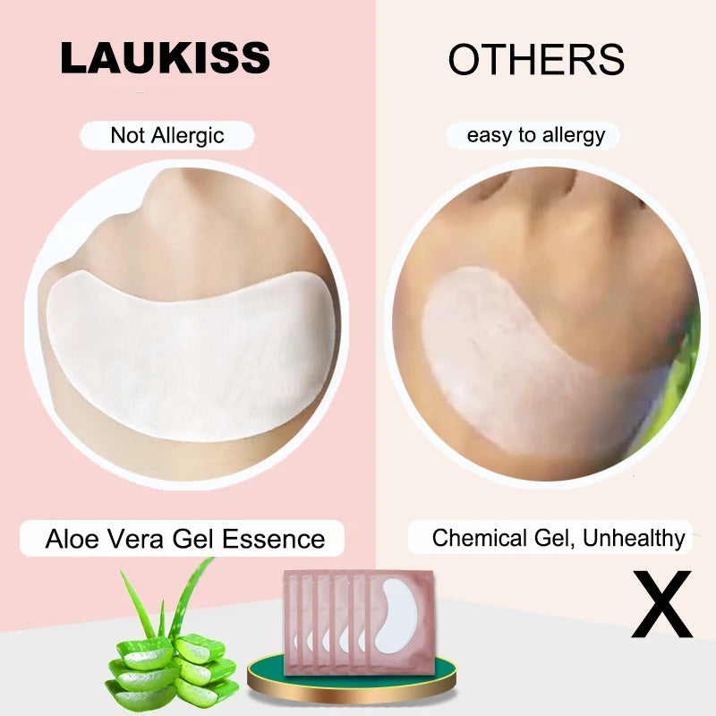 White lint-free under-eye gel patches for eyelash extensions, comparison of hypoallergenic aloe vera vs chemical pads.